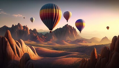 Beautiful colorful hot air balloons flying over mountain at view point Sunset of travel place.