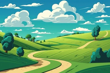 Green sloping fields with a background of clouds and a blue sky. Generative AI