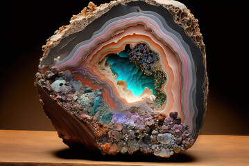 Background of natural volcanic agate stone texture, raw crystal on a 
wooden surface.. Fairburn agate colorful mineral rock. Pure quartz marble 
formation art. Orange and cyan gemstone. Generative art - obrazy, fototapety, plakaty