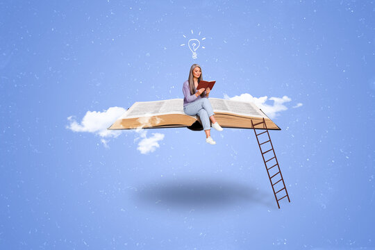 Creative poster banner collage of weird aged woman sit open flying book read intellectual fiction story have brilliant mind