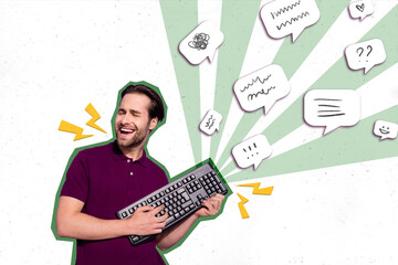 Creative magazine banner collage of crazy web network user choose high quality computer equipment keypad typing letters