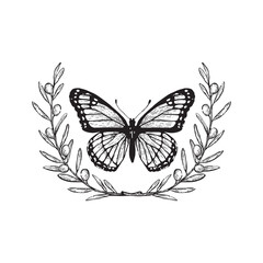Butterfly with olive garland, vintage style vector illustration
