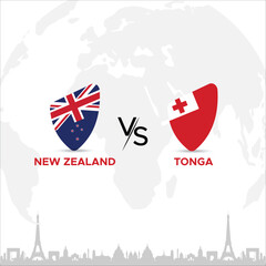 Obraz premium New Zealand vs Tonga Creative Rugby Ball or Badge in flag design on France skyline background for a sports tournament, this vector for sports match template or banner in vector illustration. Editable