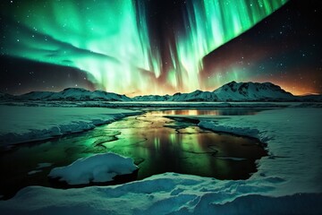 Fototapeta na wymiar Aurora borealis, northern lights in islands, snowy and ice mountains at night. Starry sky with polar lights. Generative Ai art. Winter landscape with aurora reflected in water