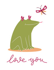 Funny frog with hearts-shaped eyes and butterfly. Love you lettering quote. Humor Card of a Valentine's day, t-shirt composition, hand drawn style print