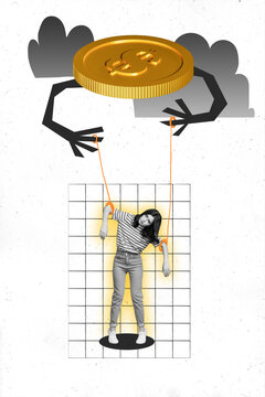 Creative weird magazine collage of zombie people control by golden coin money income profit loss poverty concept