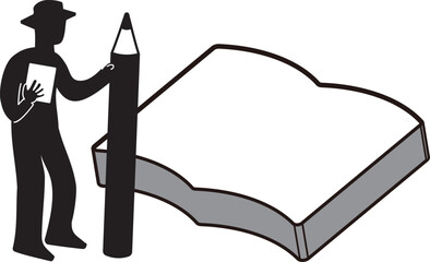 大きな本・ノートの前で大きな鉛筆を持って説明する男性のシルエット