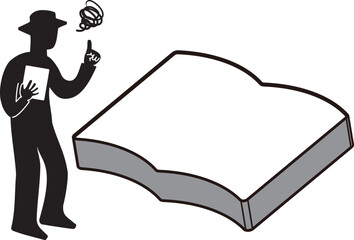 大きな本・ノートの前で人差し指を立てて困惑をする書類を持った男性のシルエット