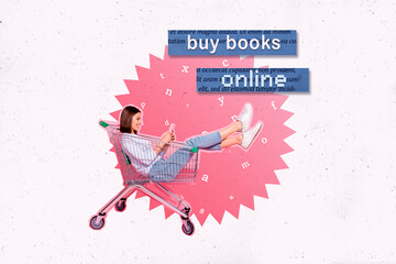 Creative banner poster collage of bookworm lady ride shopping cart read gadget fiction story online...