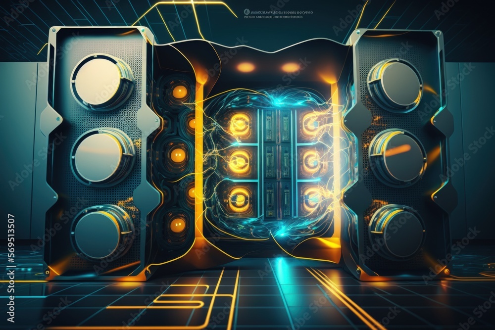 Poster futuristic technological design against a magnificent supercomputer data center. computers in a netw