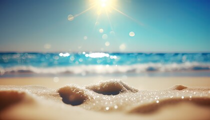 Abstract blur blurred nature background of tropical summer beach with rays of sunshine, golden sand beach, sea water against blue sky with white clouds, copy space, summer vacation concept.
