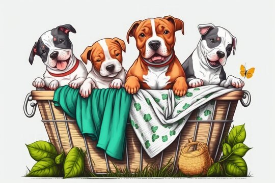 Funny group of American staffordshire terrier puppies, including two puppies sitting in a laundry basket and a small red cat hanging on a clothesline. Generative AI