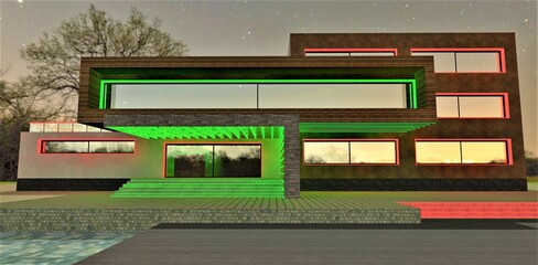 Wide spacious balcony illuminated in green above the stylish porch with glowing steps of the suburbs low-rise apartment building at night. 3d rendering.