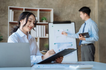 Obraz premium Businessman, administrator, financial audit and secretary making reports, calculating balance. Income audit service within audit concept.