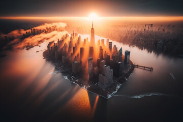 A bird's eye view of New York City during sunset