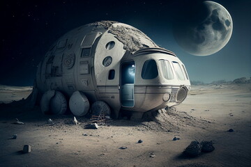 A technology house on the moon. spaceship and moon