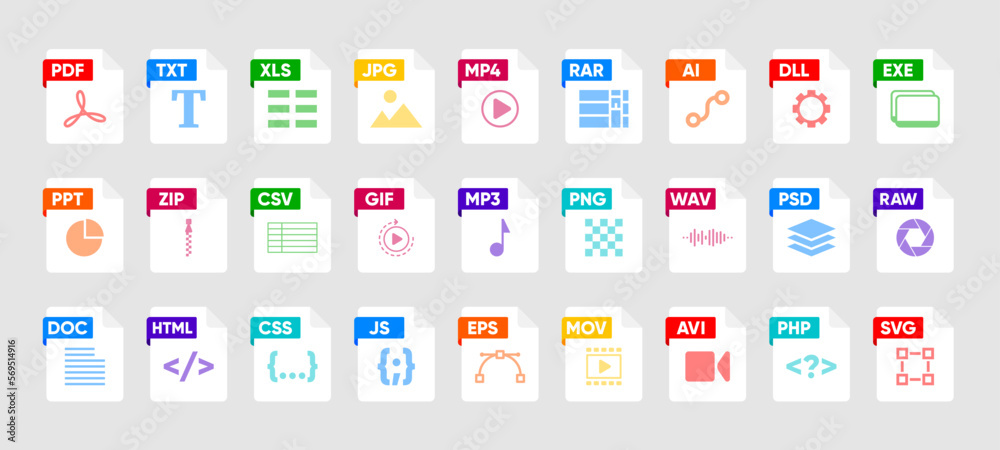 Wall mural file type icon set. popular files format and document. format and extension of documents. set of gra