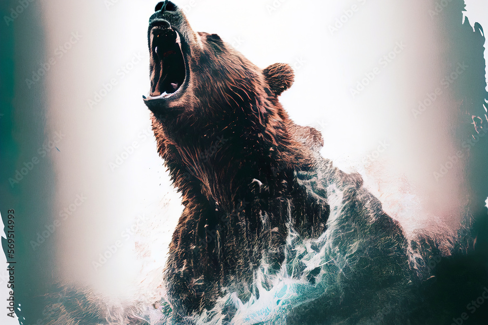 Poster Wild screaming grizzly bear double exposure with paint splatters. Dynamic action pose.
Digitally generated AI image
