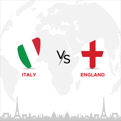 Italy vs England Creative Rugby Ball or Badge in flag design on France skyline background for a sports tournament, this vector for sports match template or banner in vector illustration.