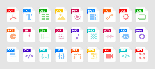 File Type icon set. Popular files format and document. Format and extension of documents. Set of graphic templates audio, video, image, system, archive, code and document file. Vector illustration.