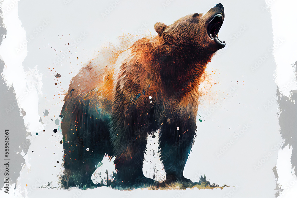 Aufkleber Wild screaming grizzly bear double exposure with paint splatters. Dynamic action pose.
Digitally generated AI image