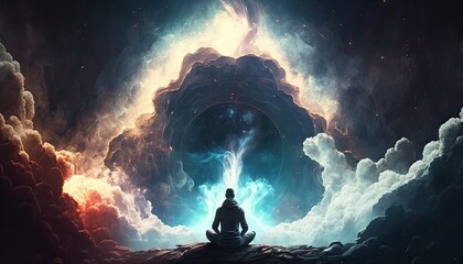 meditation on nebula galaxy background.