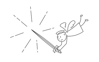 A simple hand-drawn angel flying and carrying a sword. Vector doodle drawing.
