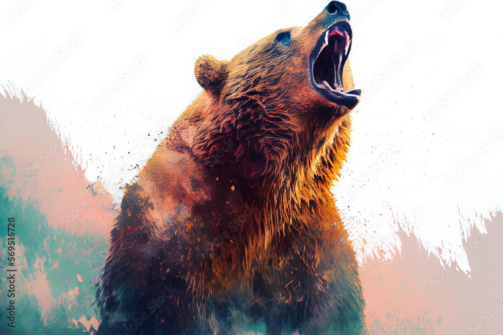 Poster Wild screaming grizzly bear double exposure with paint splatters. Dynamic action pose.
Digitally generated AI image