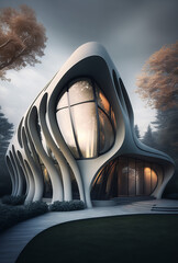 Contemporary architect designed modern house. Flowing curved structure. Generative ai
