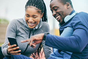 Phone, fitness and couple of friends check results, progress and data on mobile app, excited for exercise goals. Black people or sports woman and partner on smartphone for outdoor workout or training