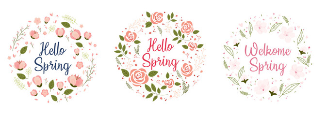 Hello Spring logo, round banner with spring plants, leaves and flowers decoration. Vector illustration