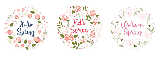Obraz premium Hello Spring logo, round banner with spring plants, leaves and flowers decoration. Vector illustration