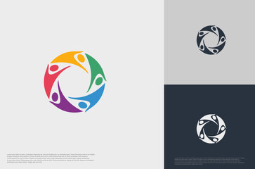 abstract global crown people colorful logo minimalist style illustration. Teamwork symbol.