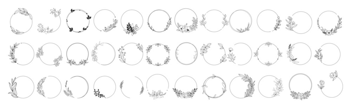 Big set of floral round frames. Vector illustration set