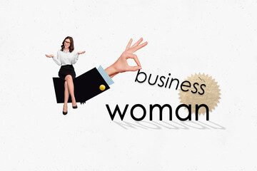 Creative magazine collage billboard of beautiful businesswoman interview success progress break...