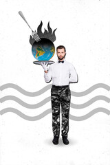 Vertical photo artwork composite collage of young waiter restaurant hold plate burning planet earth...
