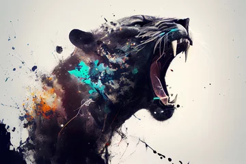 Foto op Plexiglas Wild screaming panther double exposure with paint splatters. Dynamic action pose. Digitally generated AI image © 0livia