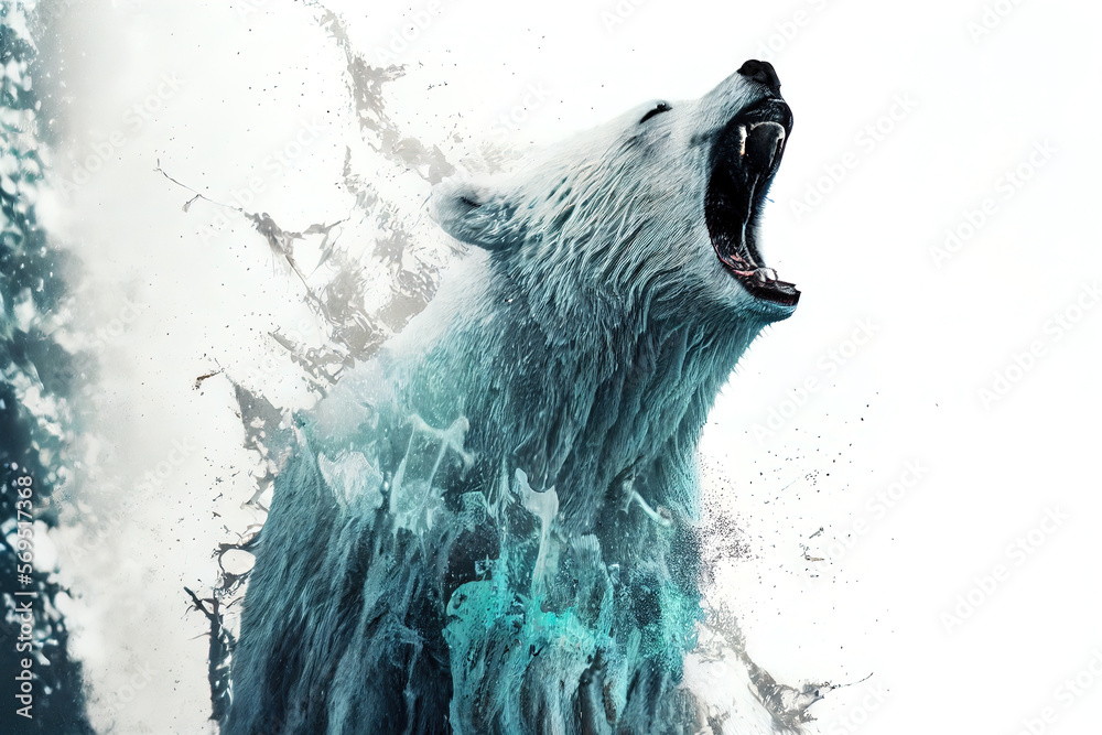 Poster Wild screaming polar bear double exposure with paint splatters. Dynamic action pose.
Digitally generated AI image