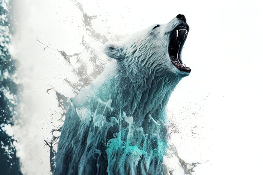 Wild screaming polar bear double exposure with paint splatters. Dynamic action pose.
Digitally generated AI image