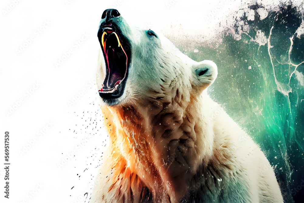 Poster wild screaming polar bear double exposure with paint splatters. dynamic action pose. digitally gener