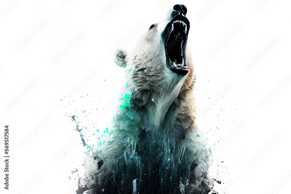 Poster Wild screaming polar bear double exposure with paint splatters. Dynamic action pose.
Digitally generated AI image