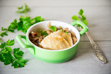 Potato dumplings with onion and mushrooms in a plate.