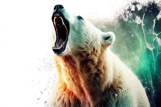 Wild screaming polar bear double exposure with paint splatters. Dynamic action pose.
Digitally generated AI image