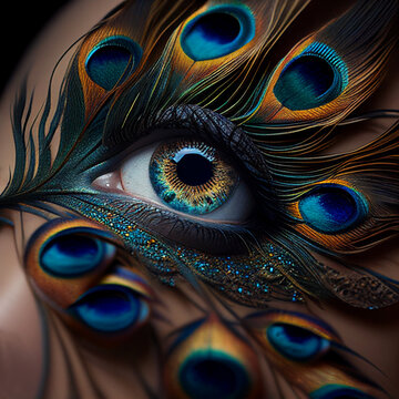 Human eye with peacock feathers glued to the eyelashes, close-up, unusual beauty design, Mike-up. For advertising make-up studios