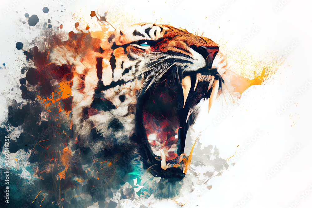 Poster Wild screaming tiger double exposure with paint splatters. Dynamic action pose.
Digitally generated AI image