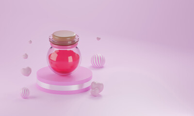 3d rendering empty space cylinder pink podium valentine's day ,heart shape ,Pink jar valentine's day