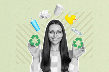 Creative photo 3d collage illustration of cheerful satisfied nice positive woman activist ecology recycling painting picture image graphic