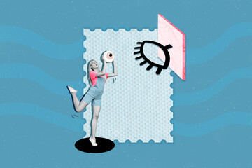 Creative photo 3d collage illustration of positive funny beautiful sportive girl throwing eye in...