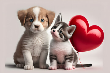 Cat and Dog Playing Together Like Two Best Friends with a heart balloons shape.