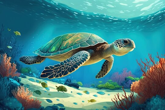 Cute sea turtle swimming in a tropical sea's clear water. picture of a green turtle underwater. Wild marine life in its natural habitat. coral reef species that are in danger. fauna along a tropical c
